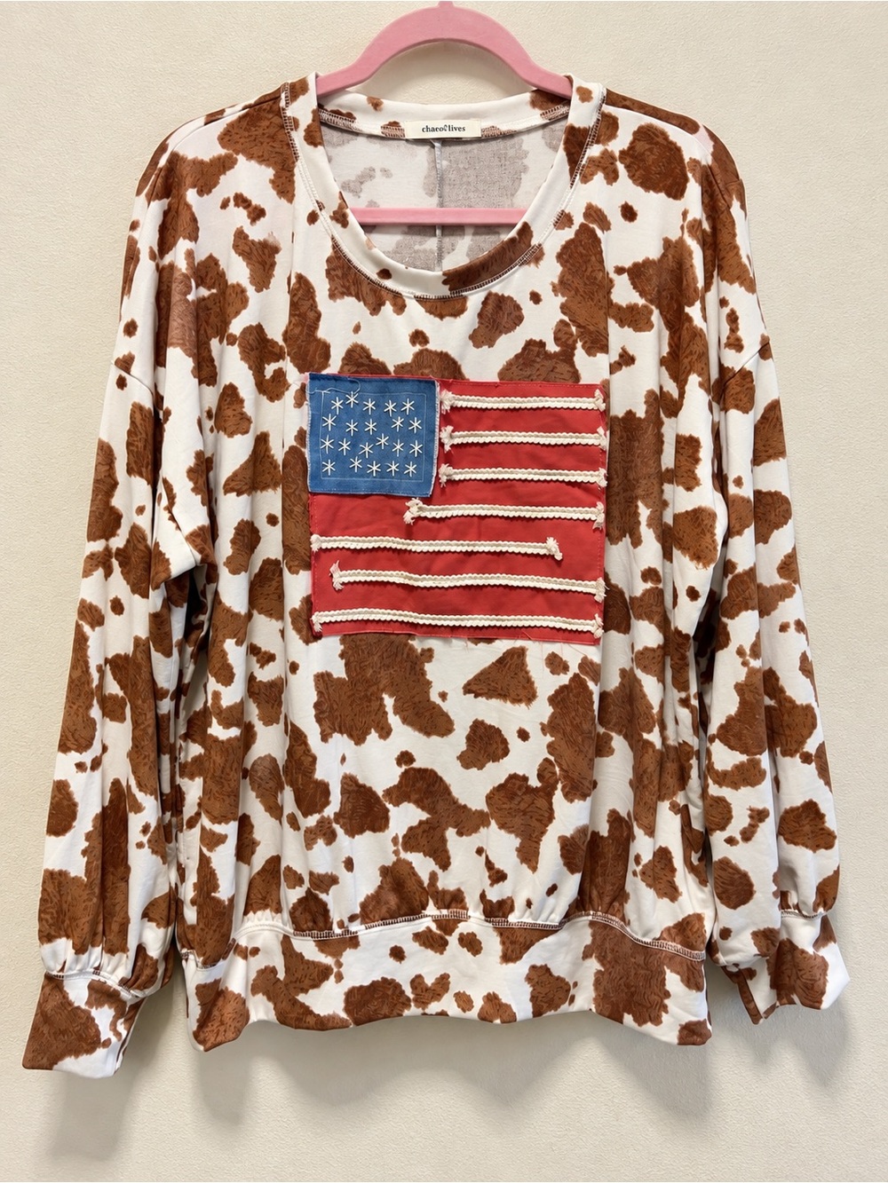 Brown Cowprint Sweatshirt with Flag Patch